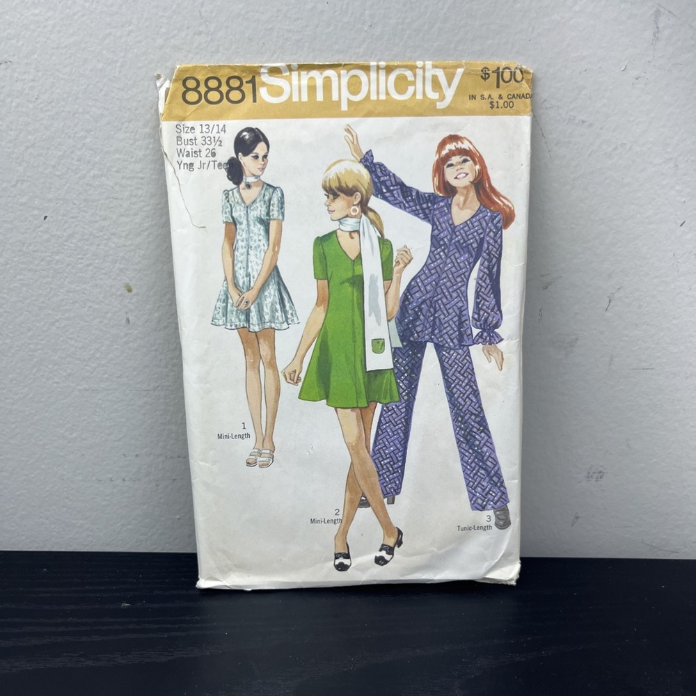 CUT VINTAGE 1970 SIMPLICITY PATTERN #8881 DRESS/TUNIC/PANT - SIZE 13/14